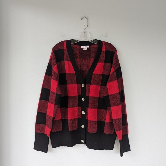 Tommy Bahama Red Buffalo Plaid Holiday Crystal Button Cardigan Sweater - Picture 3 of 8
